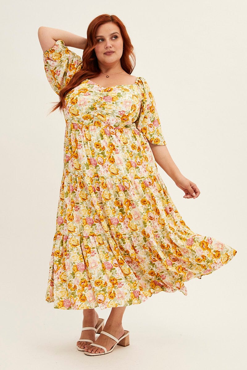 FLORAL PRT Short Puff Sleeve Multi Floral Rayon Midi Dress