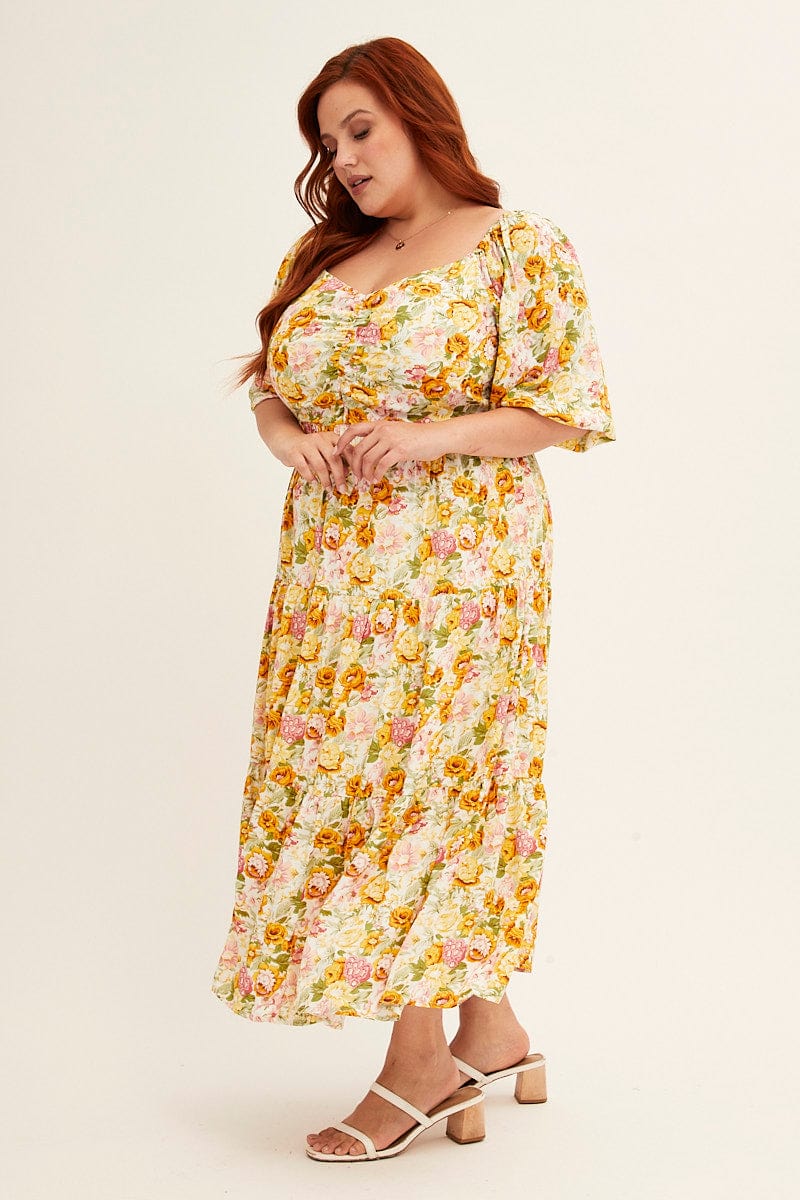 FLORAL PRT Short Puff Sleeve Multi Floral Rayon Midi Dress