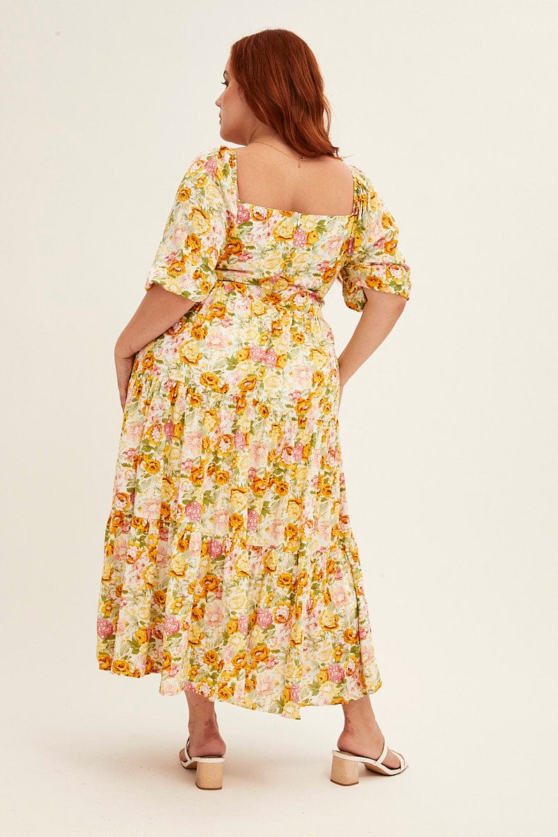 FLORAL PRT Short Puff Sleeve Multi Floral Rayon Midi Dress