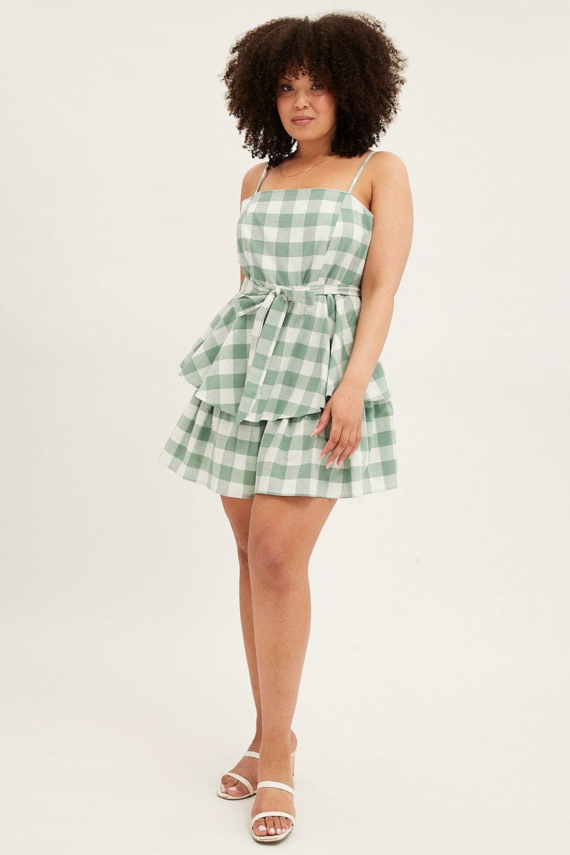 MULTI CHECK Playsuit Sleeveless Tie Waist Gingham Check Cotton