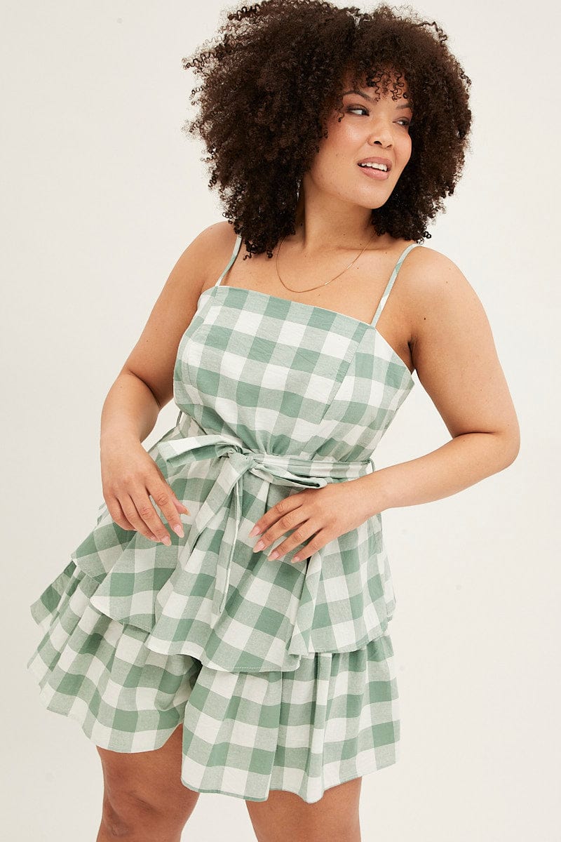 MULTI CHECK Playsuit Sleeveless Tie Waist Gingham Check Cotton