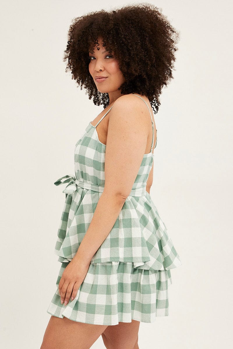 MULTI CHECK Playsuit Sleeveless Tie Waist Gingham Check Cotton