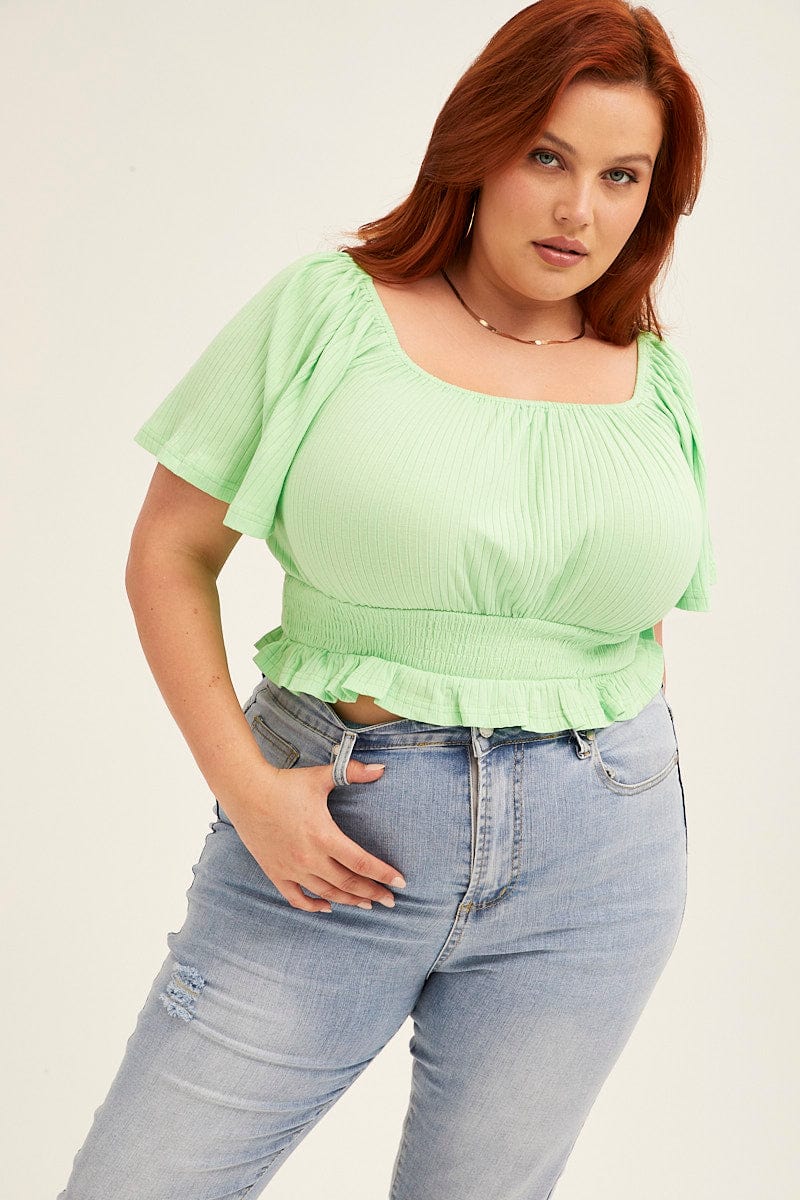 Green Peasant Top Short Sleeve Shirred Jersey