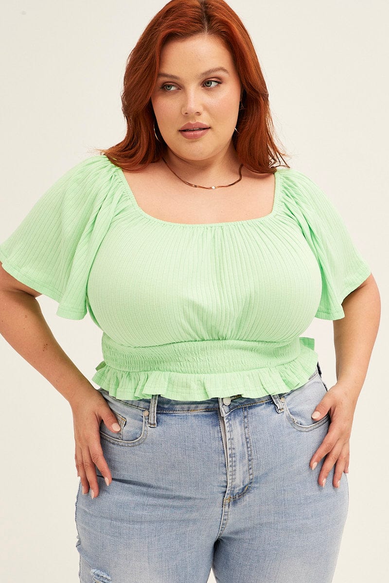 Green Peasant Top Short Sleeve Shirred Jersey