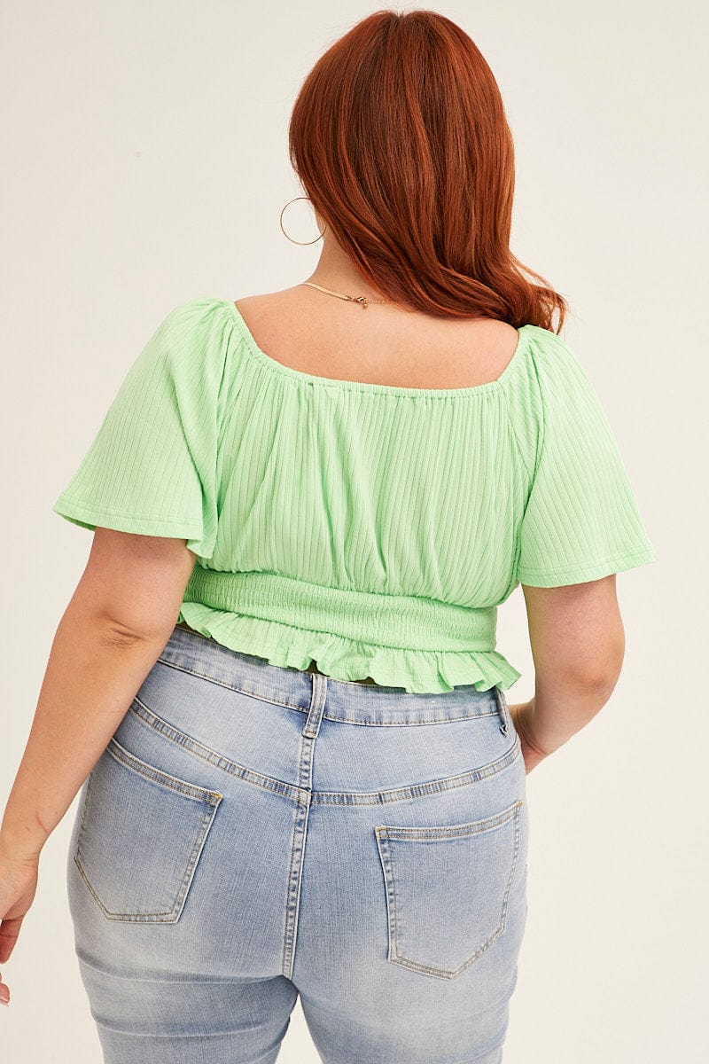 Green Peasant Top Short Sleeve Shirred Jersey