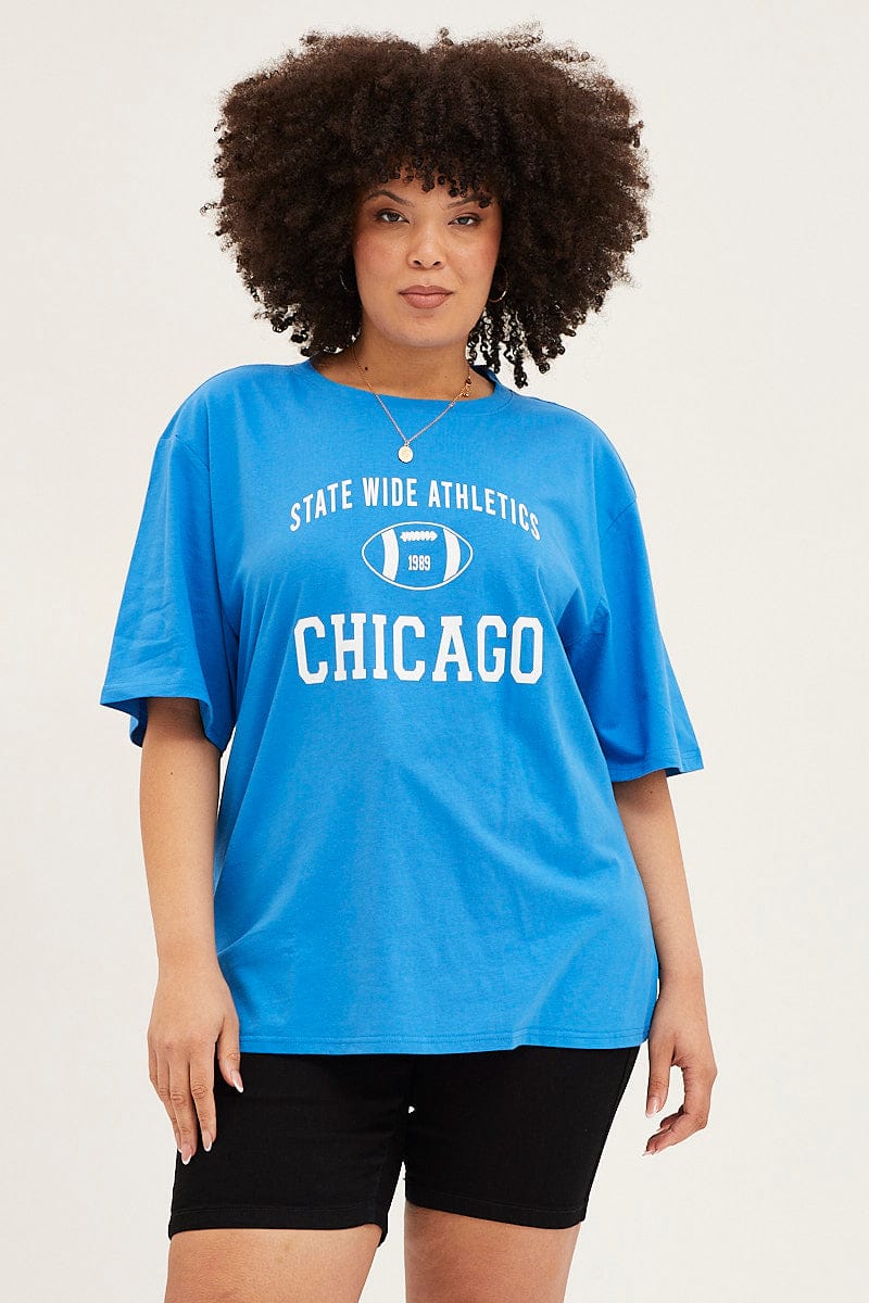 Blue Crew Neck Short Sleeve Oversized Graphic T-Shirt