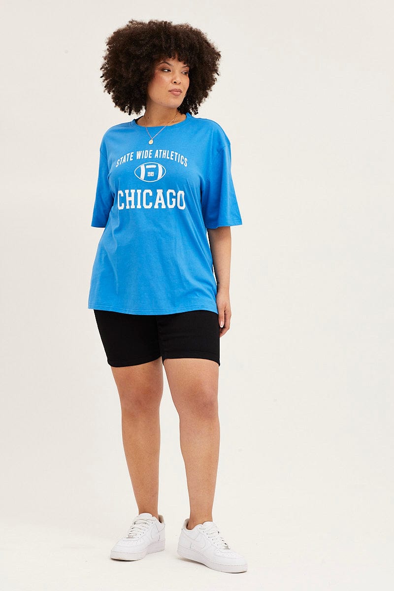 Blue Crew Neck Short Sleeve Oversized Graphic T-Shirt