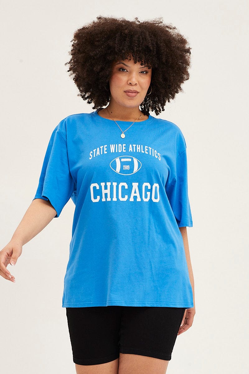 Blue Crew Neck Short Sleeve Oversized Graphic T-Shirt