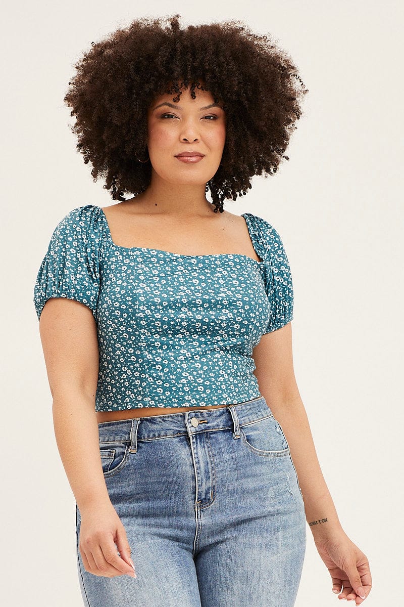 Floral Print Square Neck Puff Sleeve Crop Top