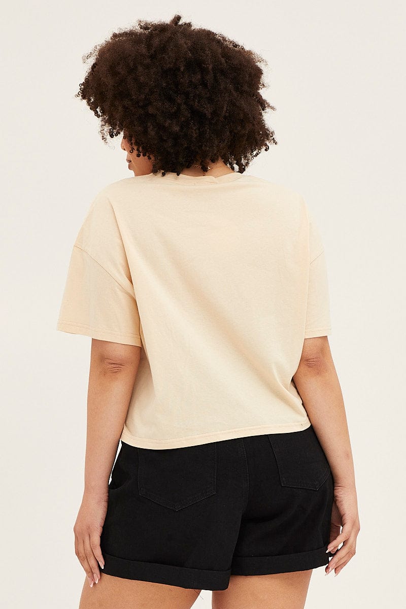 Beige Short Sleeve Graphic Crop T-shirt