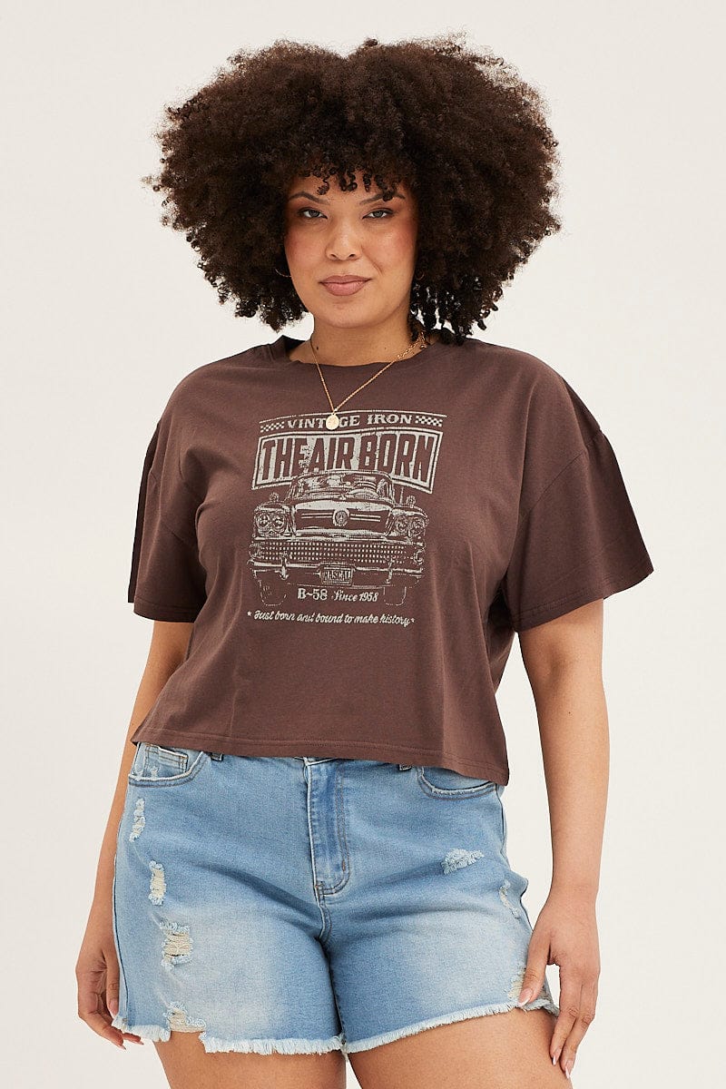 Brown Short Sleeve Graphic Crop T-shirt