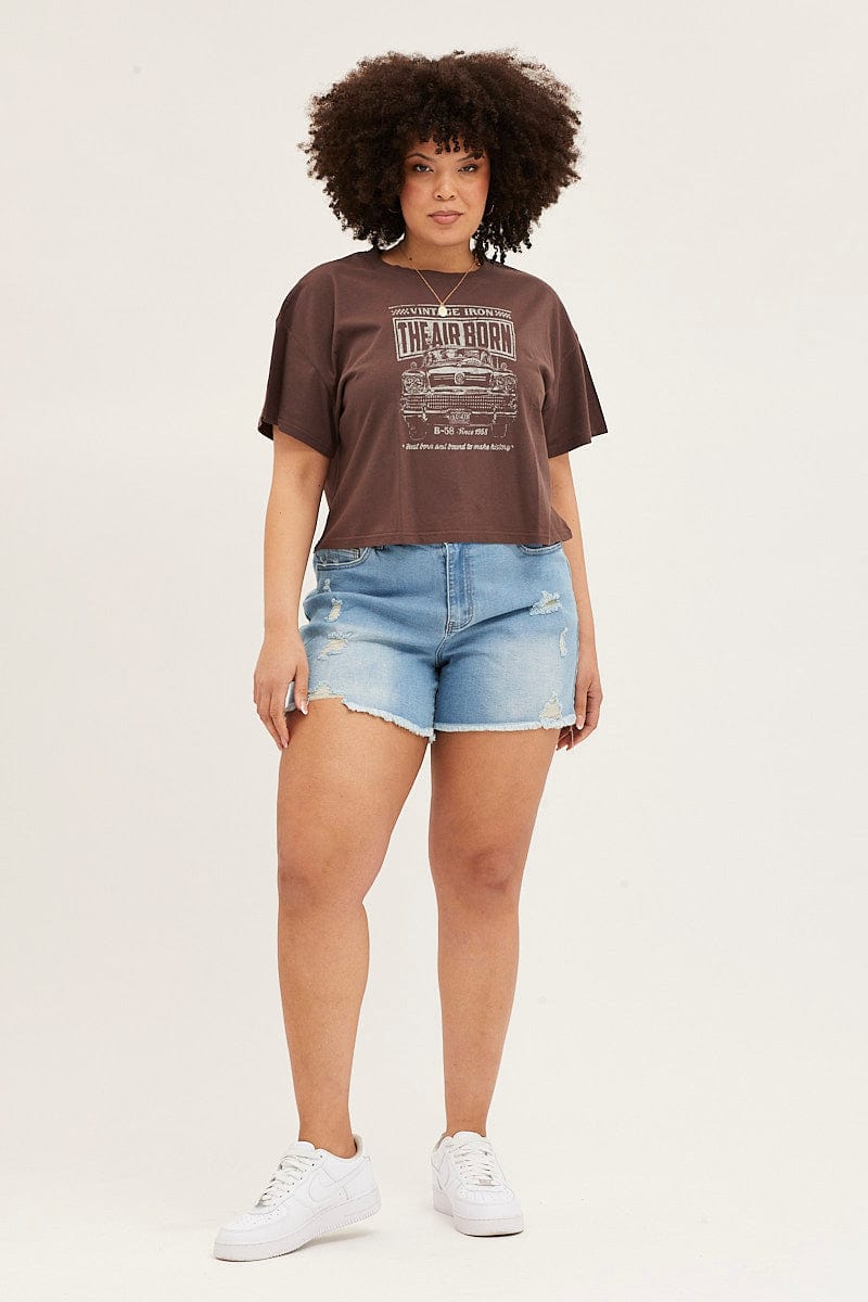 Brown Short Sleeve Graphic Crop T-shirt