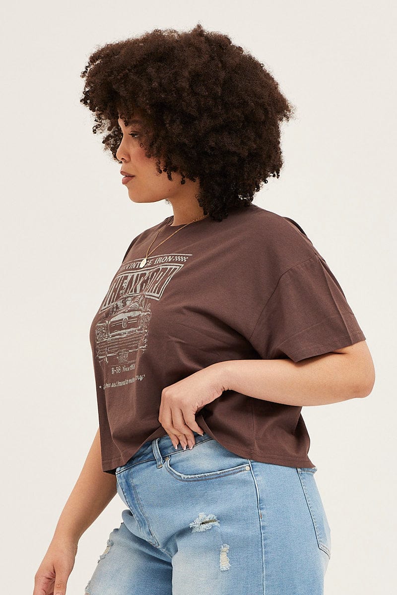 Brown Short Sleeve Graphic Crop T-shirt