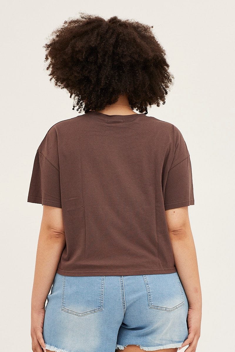 Brown Short Sleeve Graphic Crop T-shirt