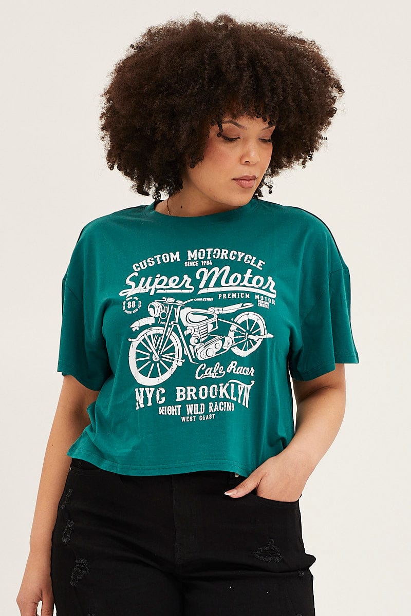 Green Short Sleeve Graphic Crop T Shirt