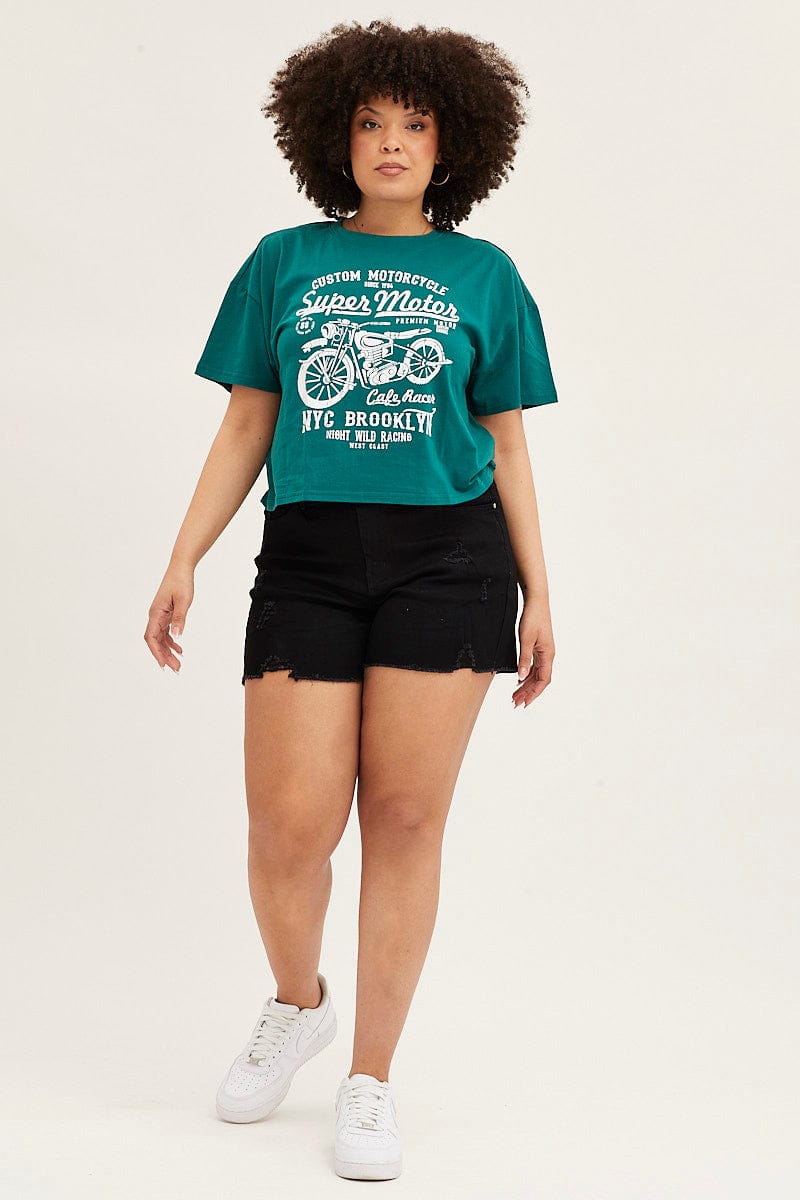 Green Short Sleeve Graphic Crop T Shirt