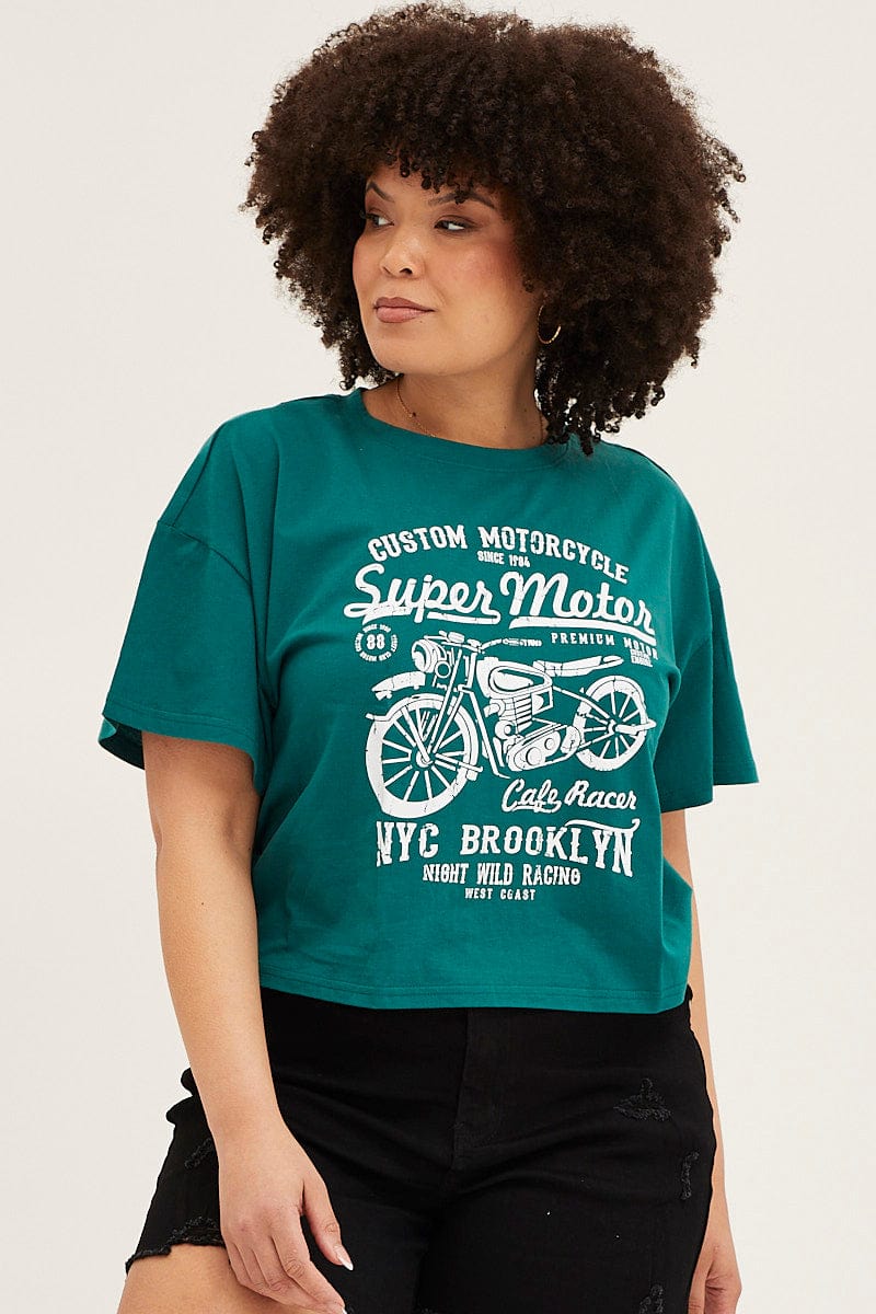 Green Short Sleeve Graphic Crop T Shirt