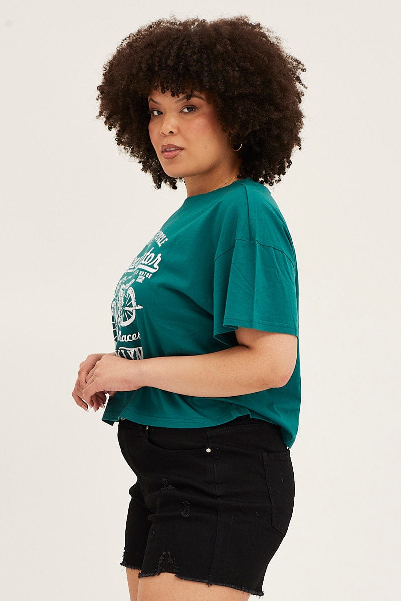 Green Short Sleeve Graphic Crop T-shirt