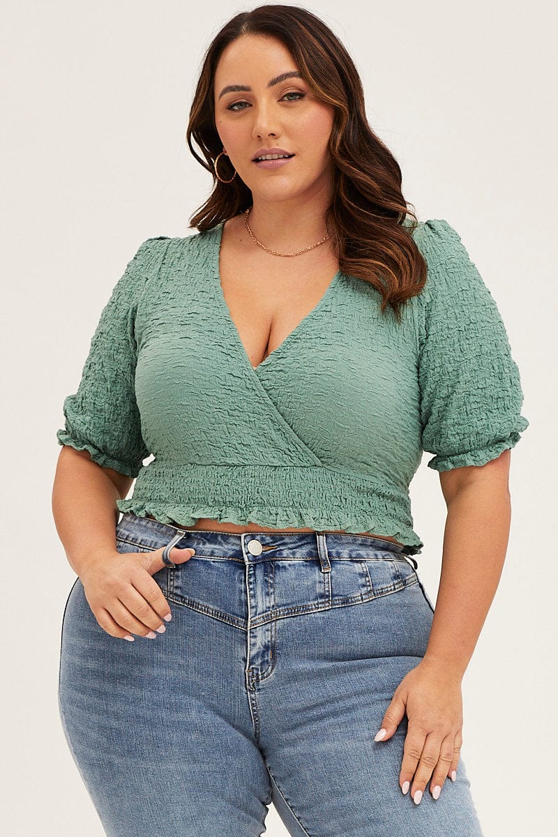 Green Short Sleeve V Neck Green Textured Lace Top