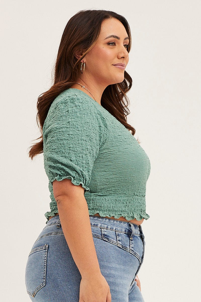 Green Short Sleeve V Neck Green Textured Lace Top