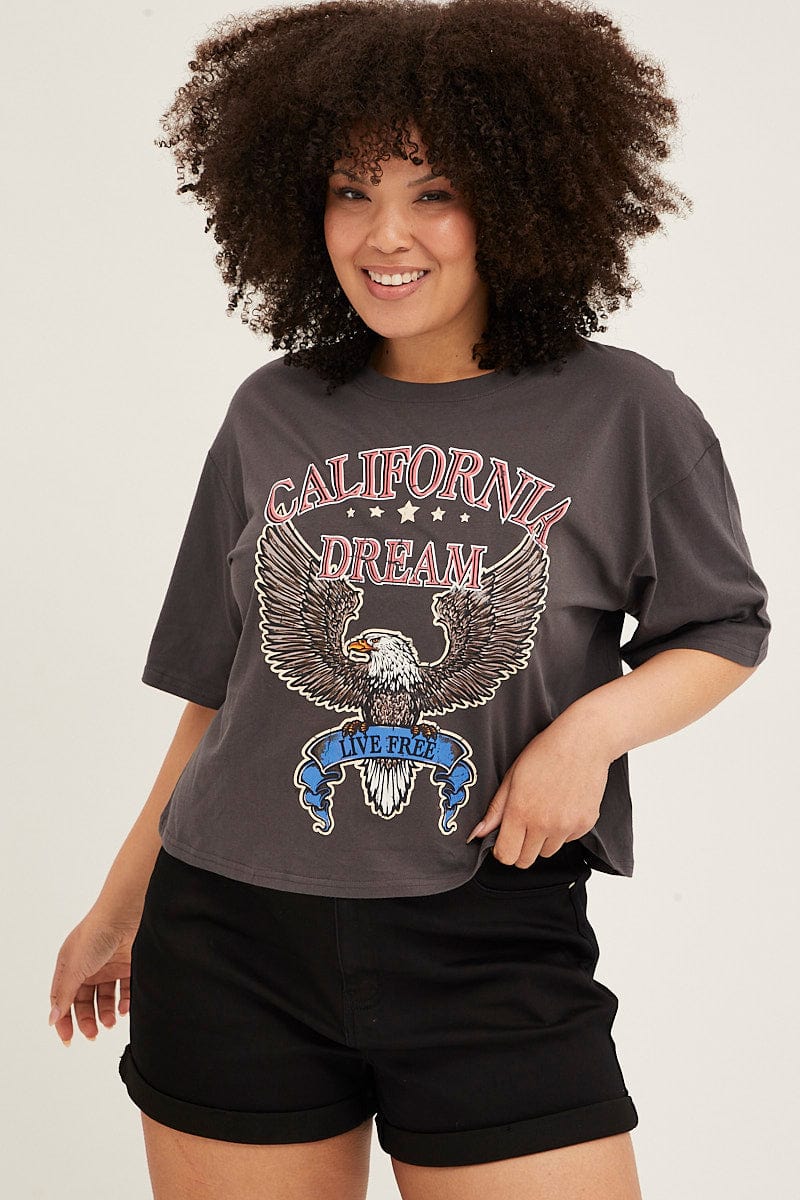 Grey Graphic T-Shirt Crop California Dream Cotton