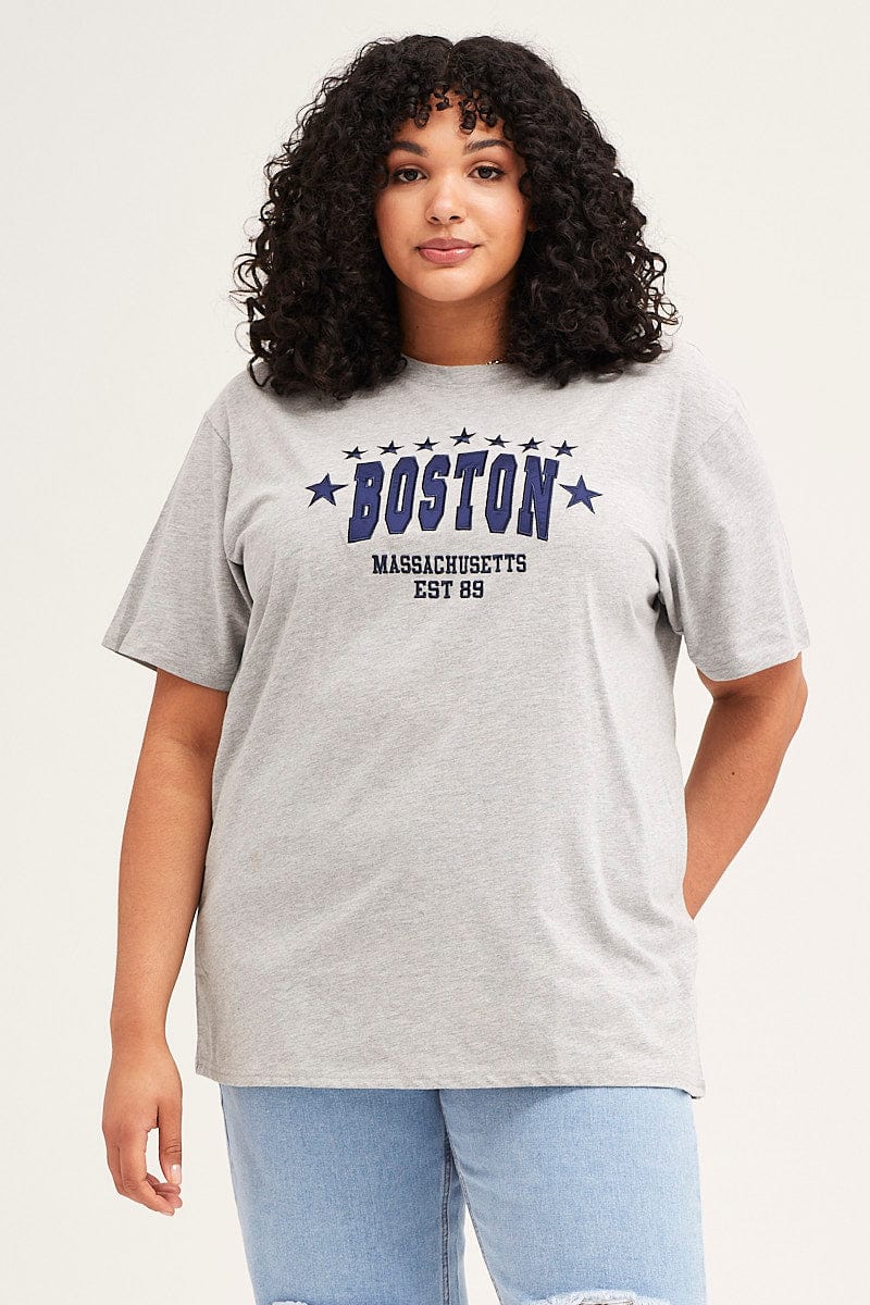 Grey Marle Short Sleeve Boston Oversized Embroidered T Shirt