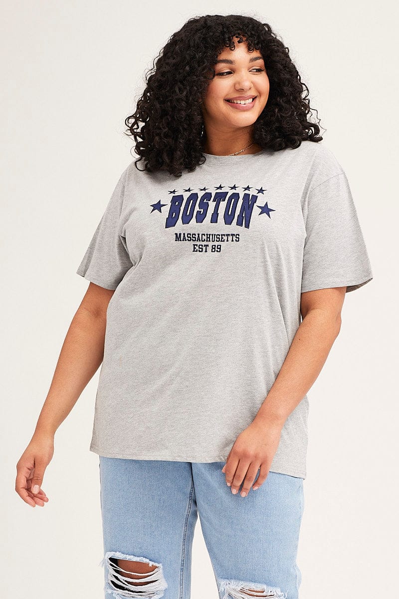 Grey Marle Short Sleeve Boston Oversized Embroidered T Shirt