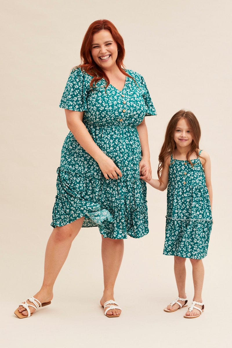 Green Ditsy Kids Sleeveless Button Front Floral Dress