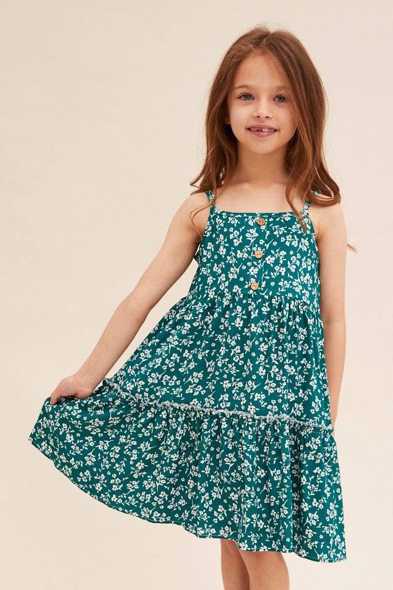 Green Ditsy Kids Sleeveless Button Front Floral Dress