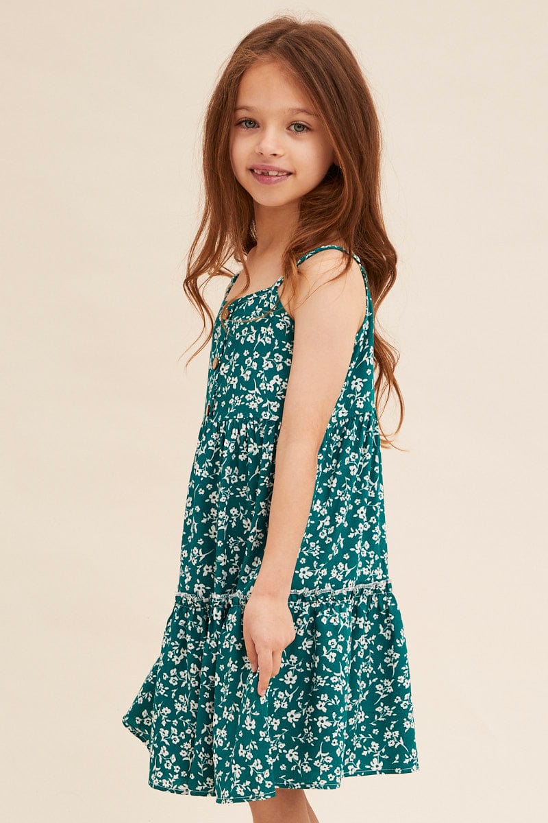 Green Ditsy Kids Sleeveless Button Front Floral Dress