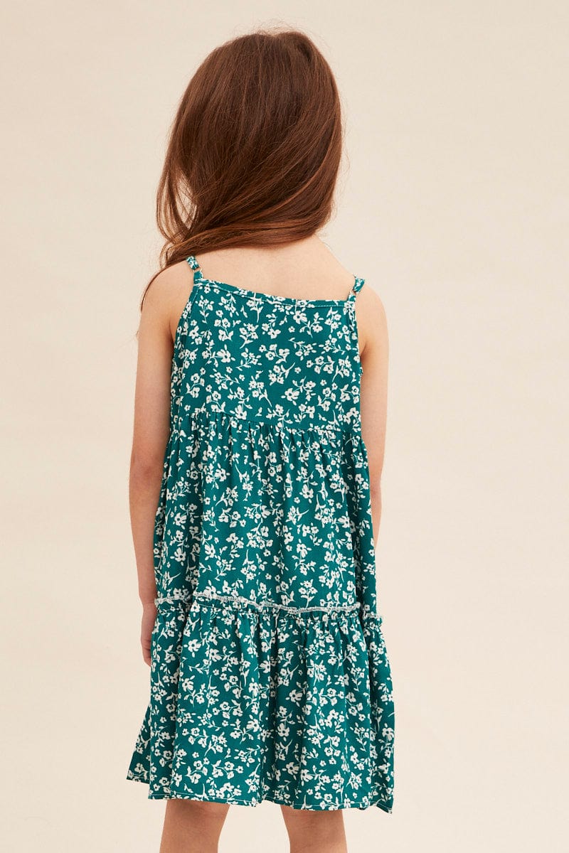 Green Ditsy Kids Sleeveless Button Front Floral Dress