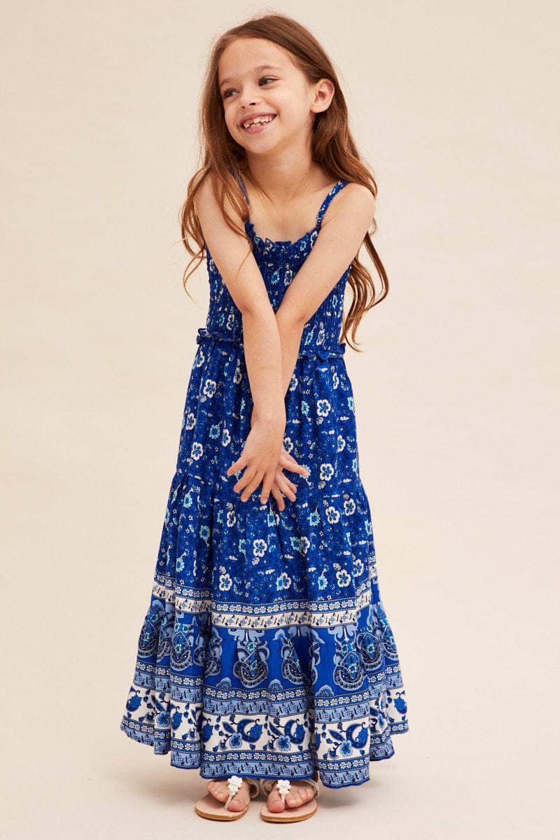 Blue Boho Kids Maxi Dress Sleeveless Tiered