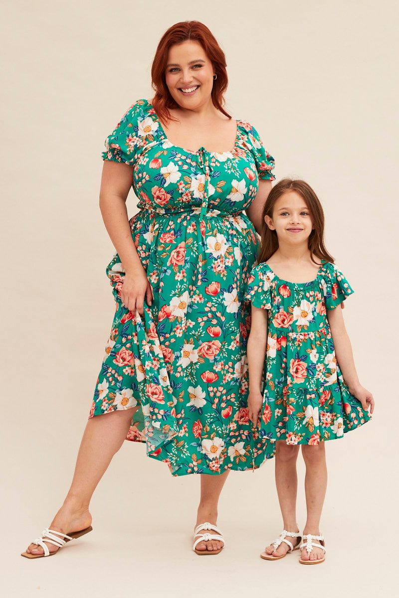 Green Floral Kids Dress Tiered