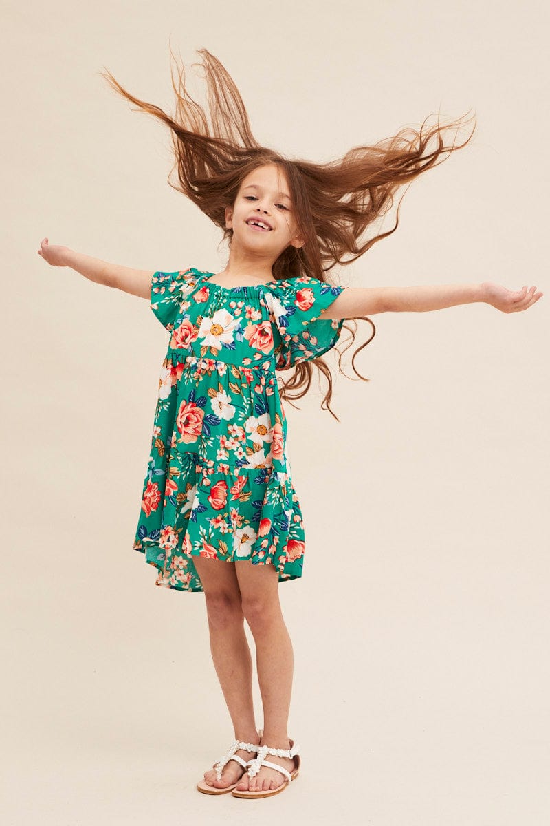 Green Floral Kids Dress Tiered