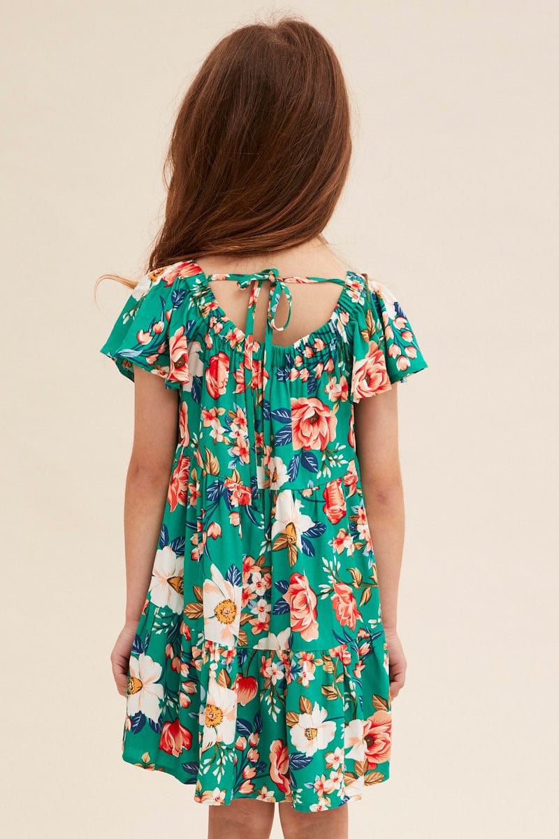 Green Floral Kids Dress Tiered