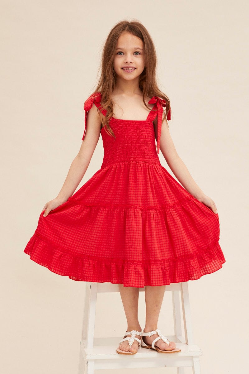 Red Kids Fit and Flare Dress Sleeveless Shirred