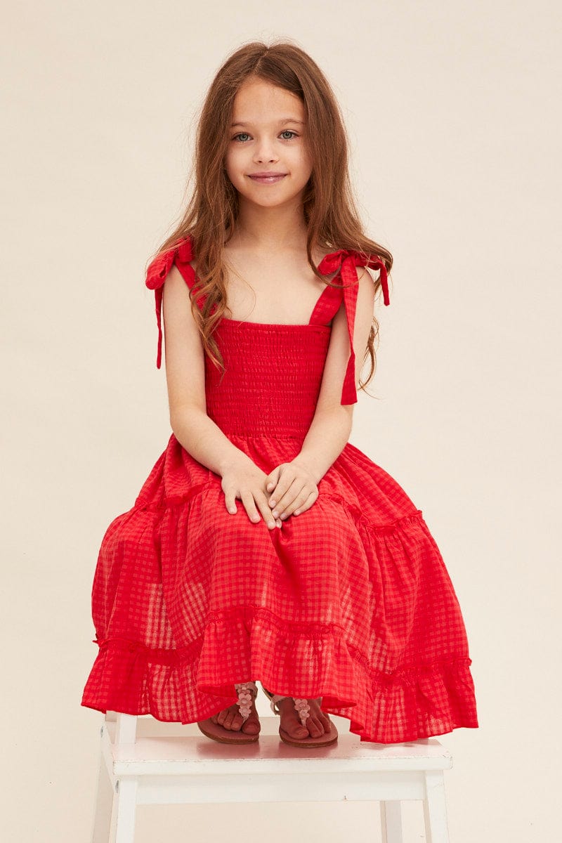 Red Kids Fit and Flare Dress Sleeveless Shirred