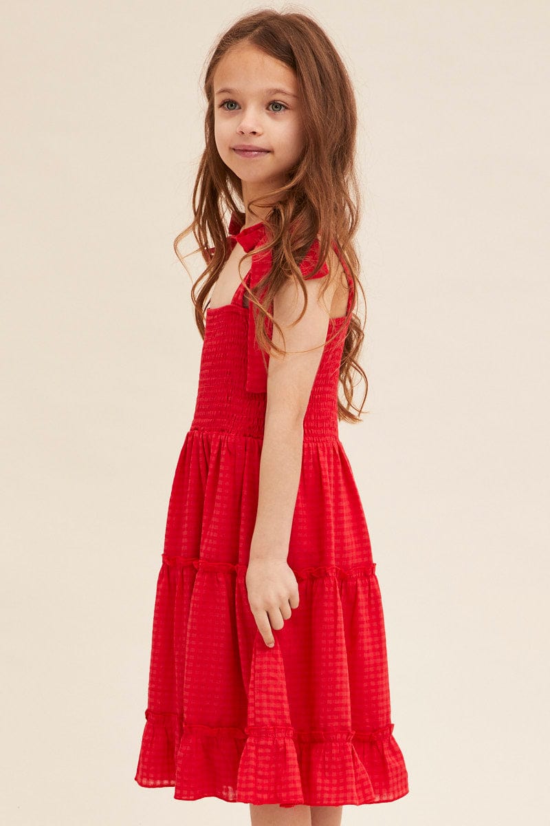 Red Kids Fit and Flare Dress Sleeveless Shirred