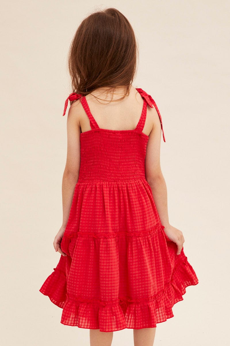 Red Kids Fit and Flare Dress Sleeveless Shirred