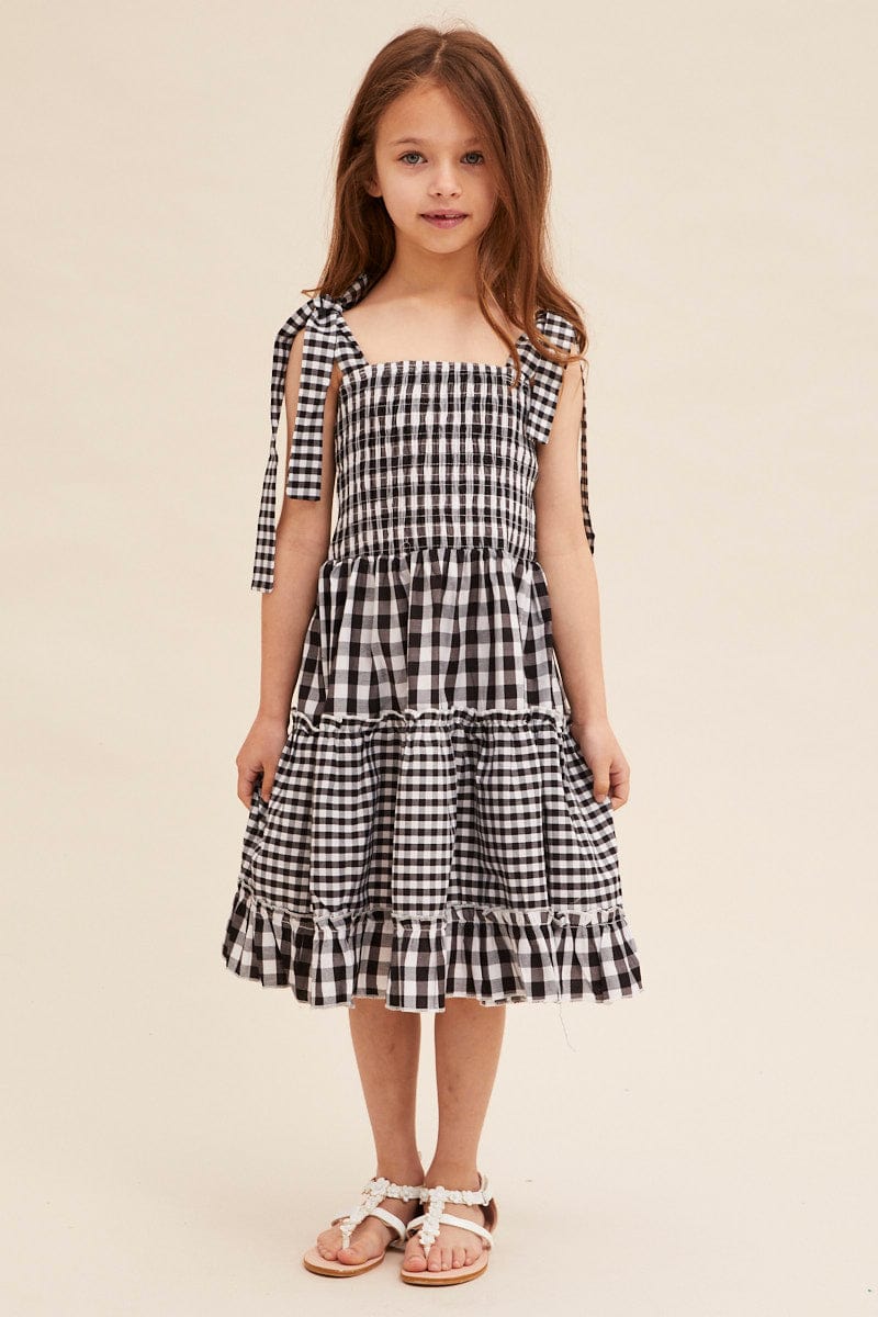 Black Check Fit and Flare Dress Sleeveless Shirred