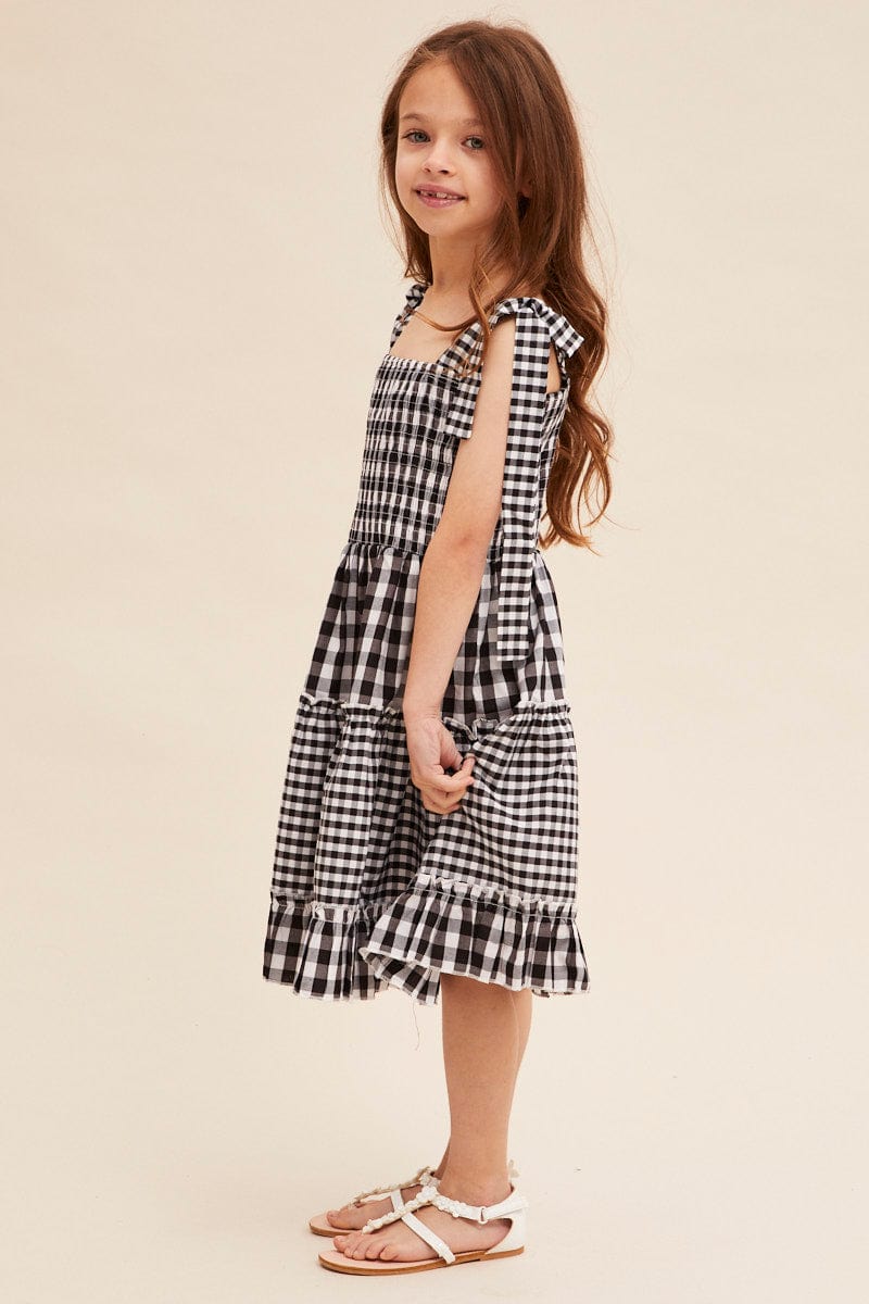 Black Check Fit and Flare Dress Sleeveless Shirred