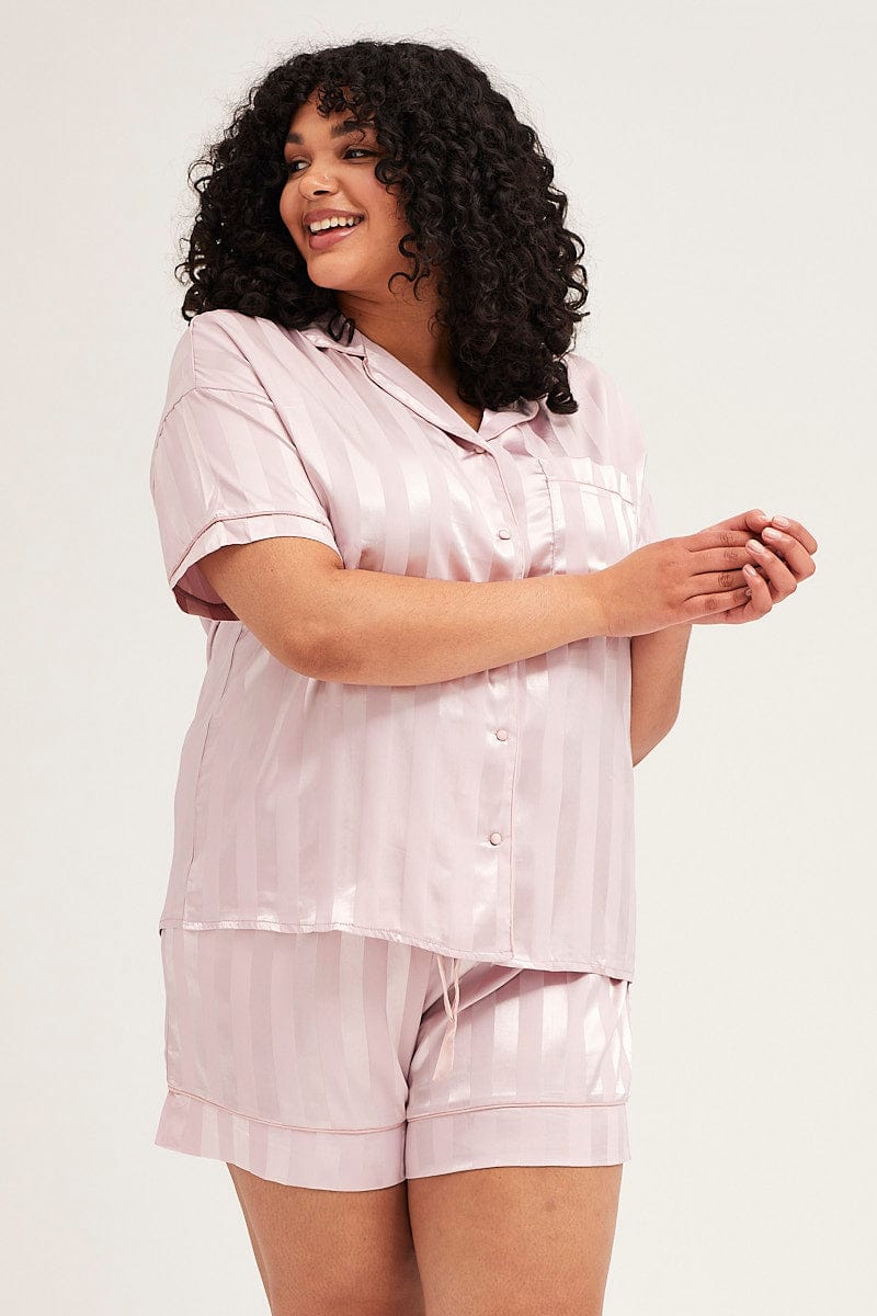 Stripe Pyjamas Set Short Sleeve Collared Shorts Satin