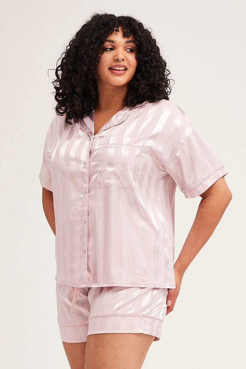 Stripe Pyjamas Set Short Sleeve Collared Shorts Satin