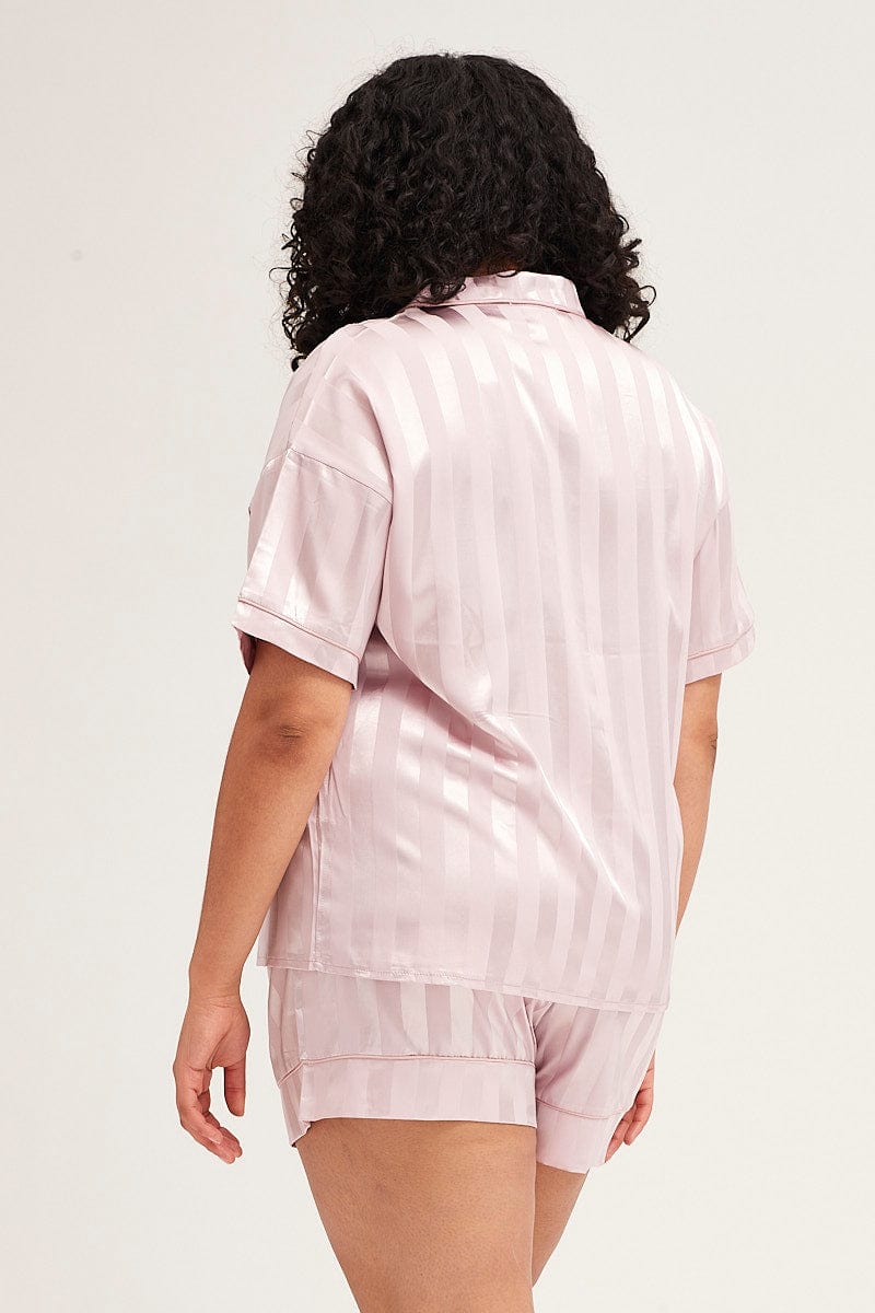 Stripe Pyjamas Set Short Sleeve Collared Shorts Satin