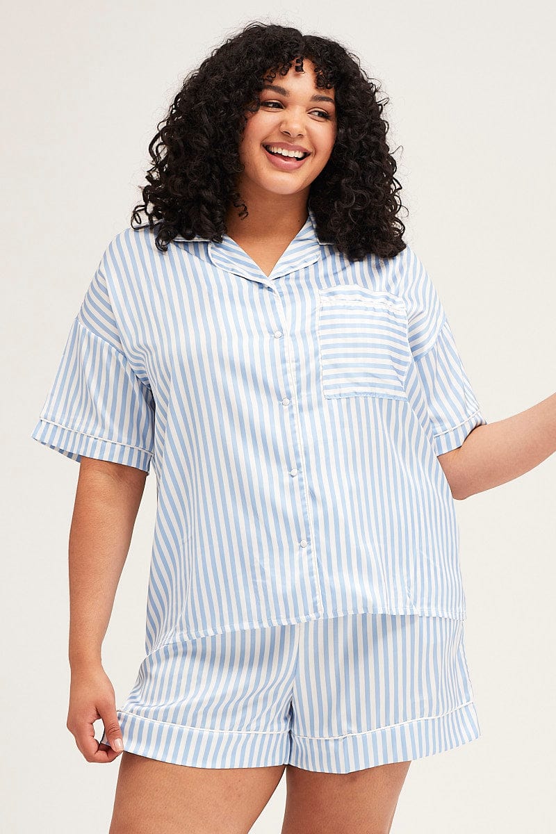 Stripe Stripe Pyjamas Set Short Sleeve Collared Shorts Satin