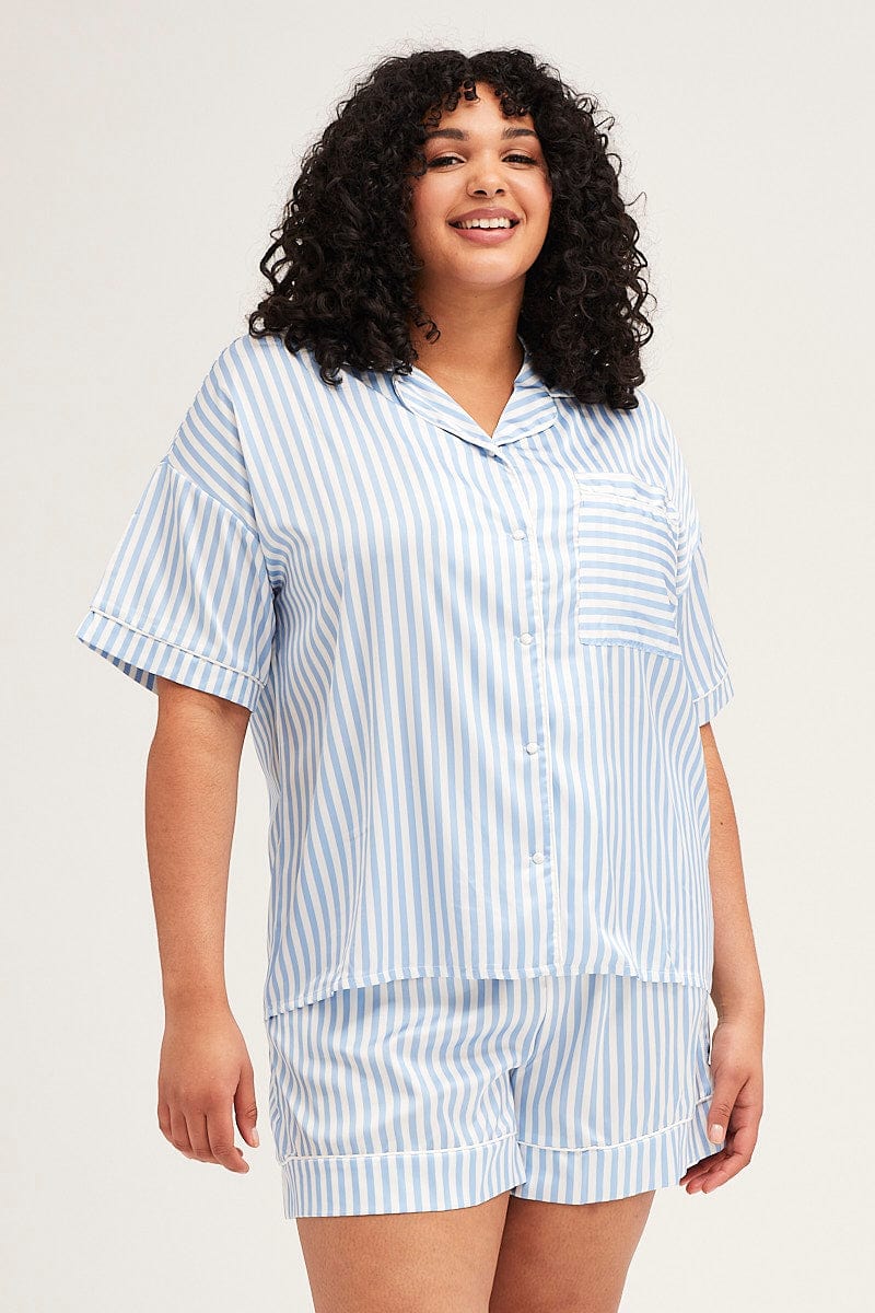 Stripe Stripe Pyjamas Set Short Sleeve Collared Shorts Satin