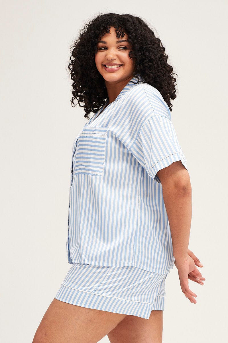 Stripe Stripe Pyjamas Set Short Sleeve Collared Shorts Satin