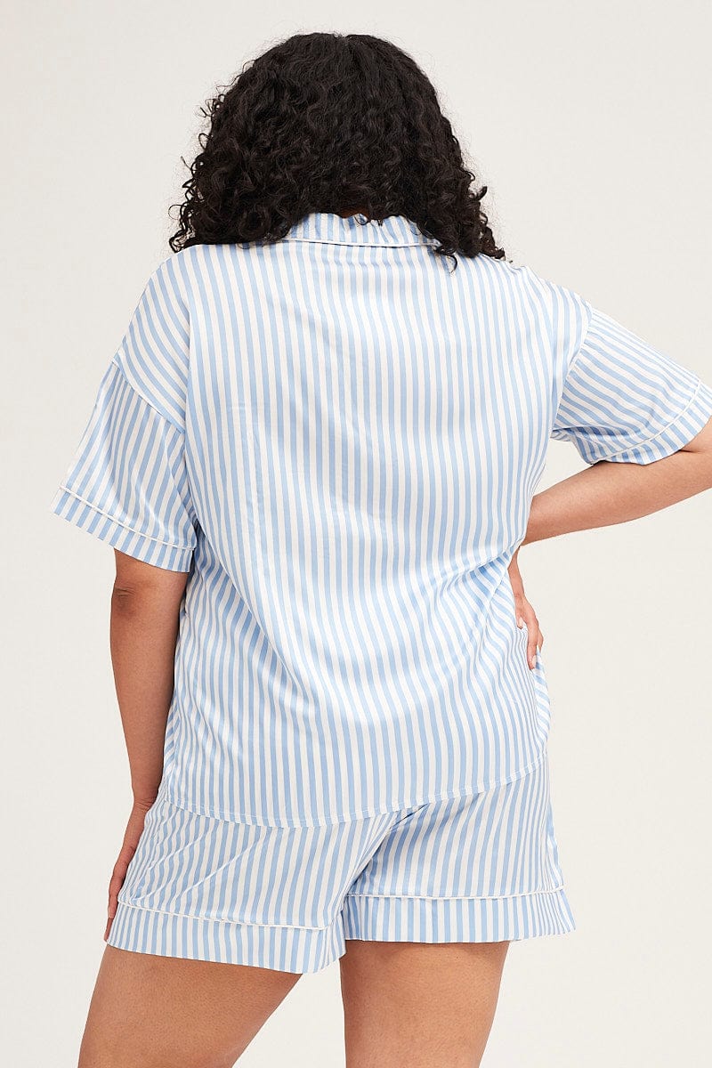 Stripe Stripe Pyjamas Set Short Sleeve Collared Shorts Satin