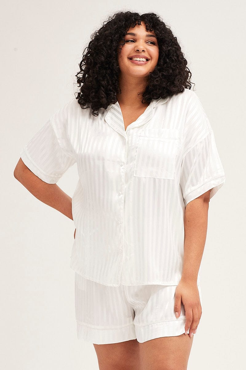 Stripe Pyjamas Set Short Sleeve Collared Shorts Satin