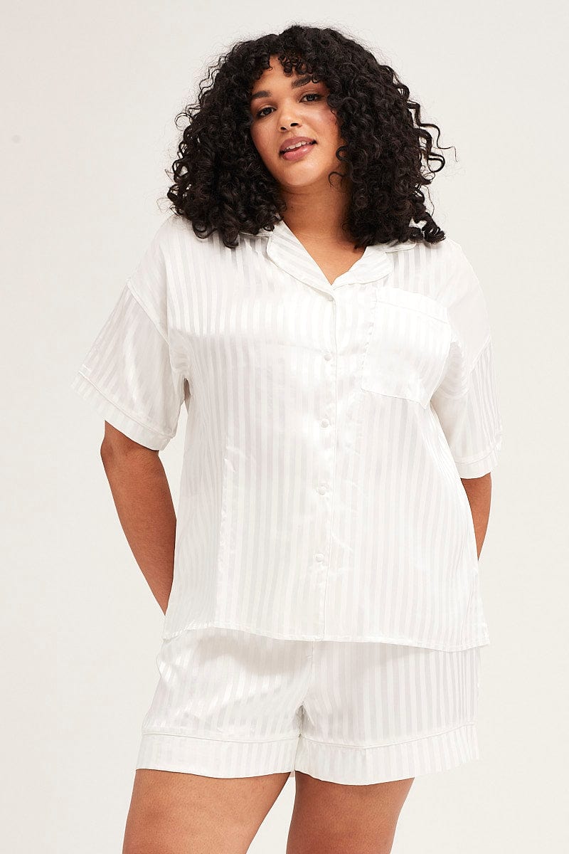 Stripe Pyjamas Set Short Sleeve Collared Shorts Satin